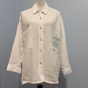Magaschoni Women’s 100% Organic‎ Cotton Gauze Oversized White Blouse Size L